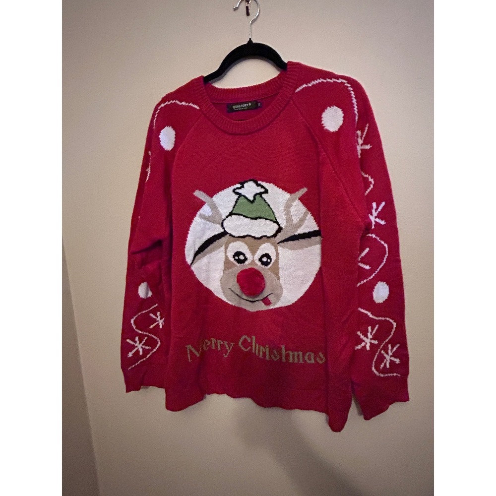 Qualfort Reindeer Ugly Christmas Sweater Mens XXL Red Excellent 3D Pom Pom Nose